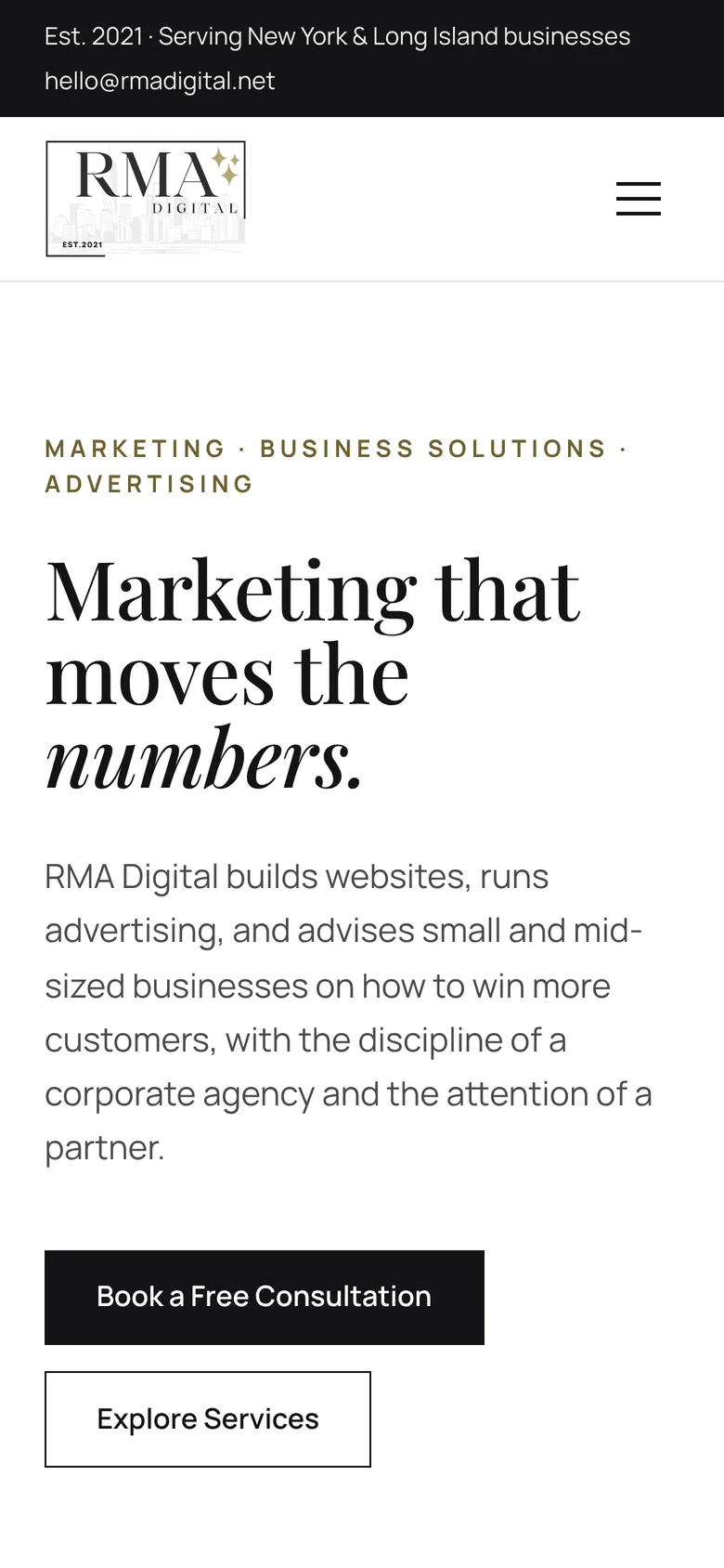 The RMA Digital website on a phone
