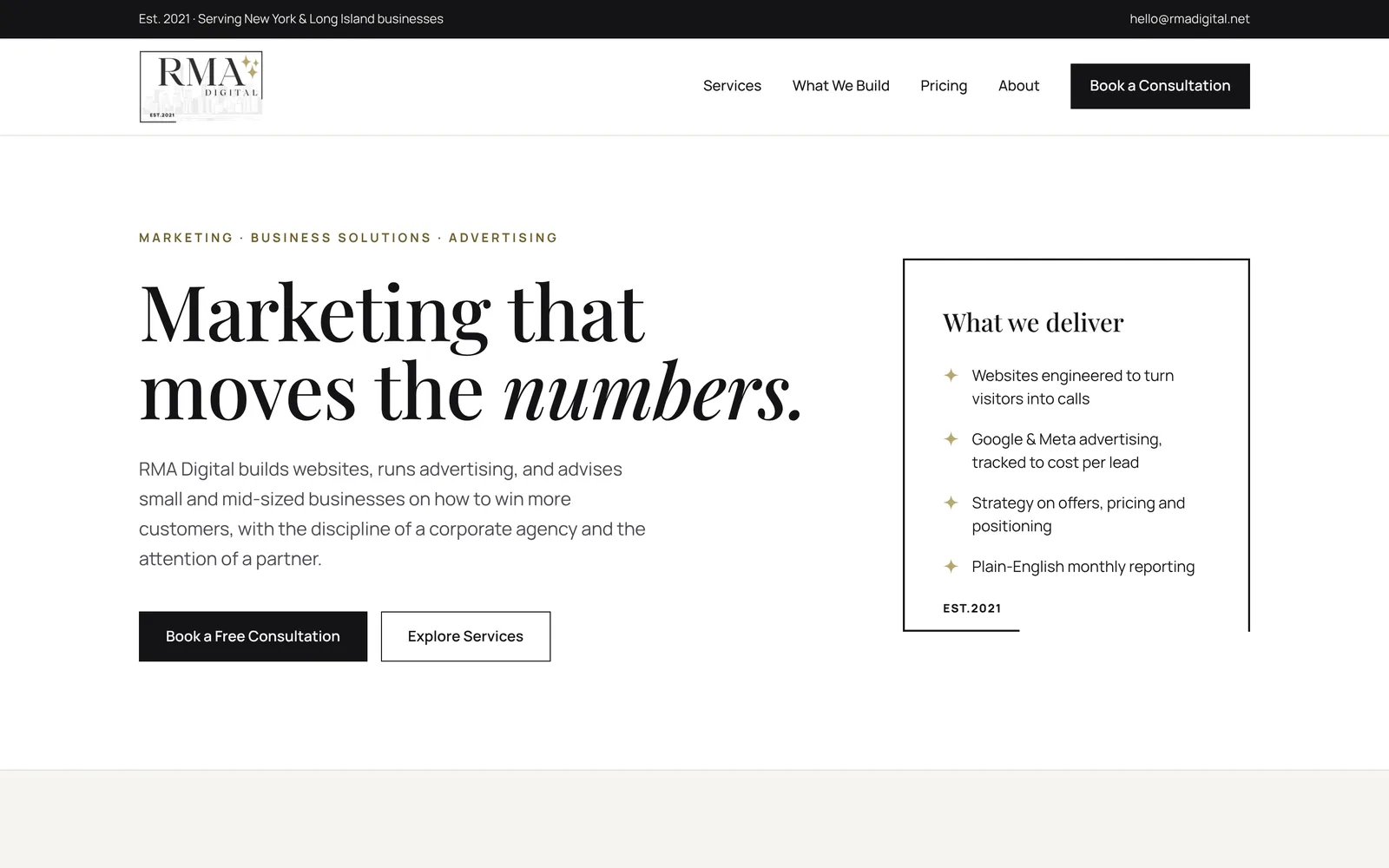 The RMA Digital website home page on desktop